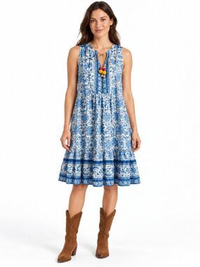 BELL by Alicia Bell Blue White Floral Cotton Silk Sleeveless Tiered Dress Size M